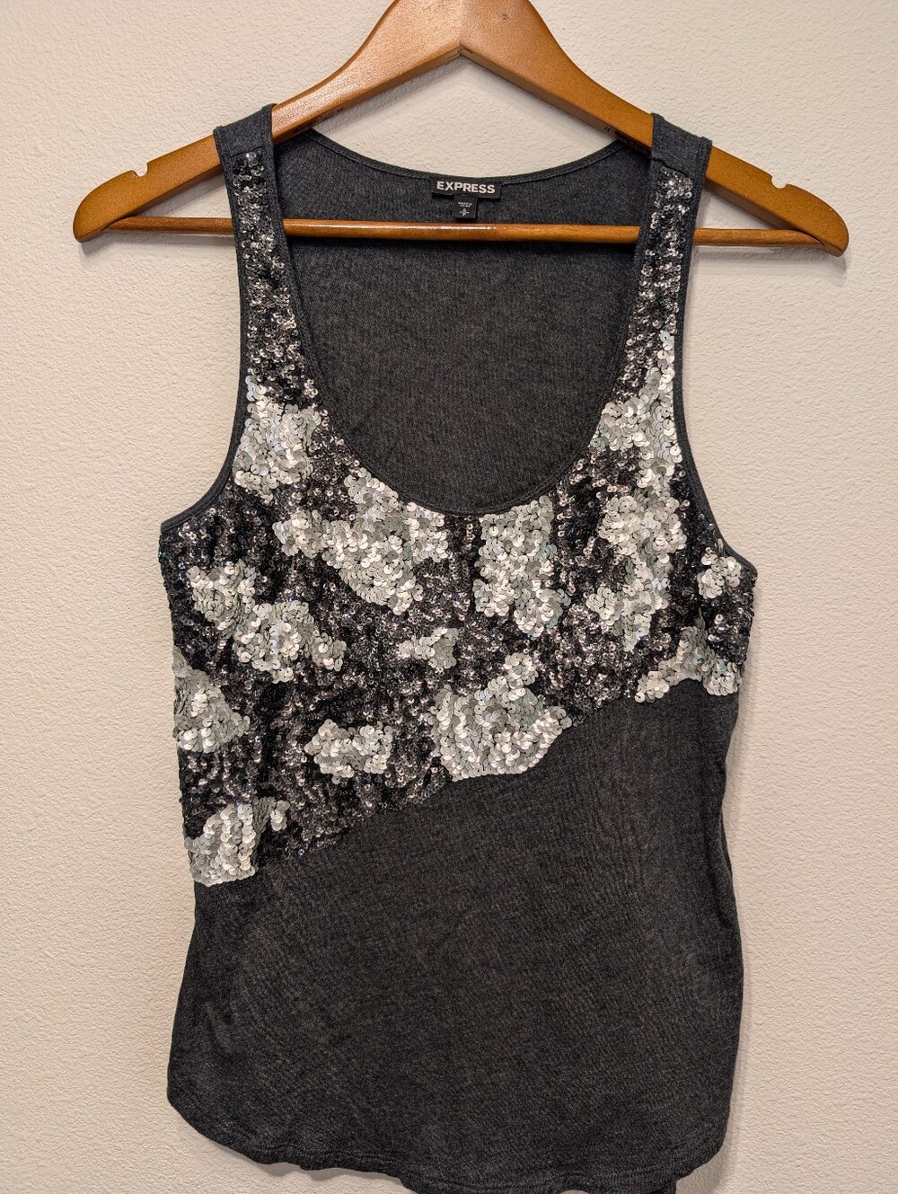 Express Charcoal Gray Tank with Silver Sequin Floral Overlay